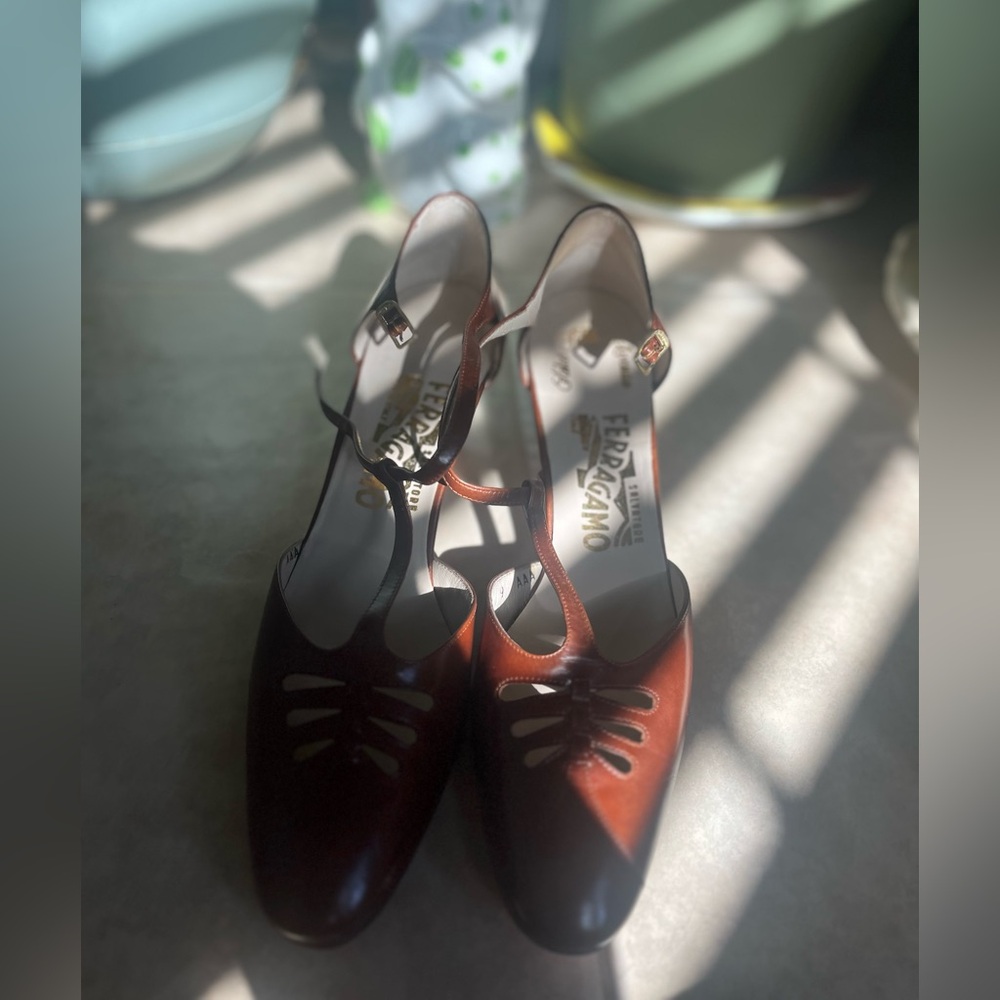 Salvatore Ferragamo Brown Leather T-Strap Heels - Picture 2 of 10